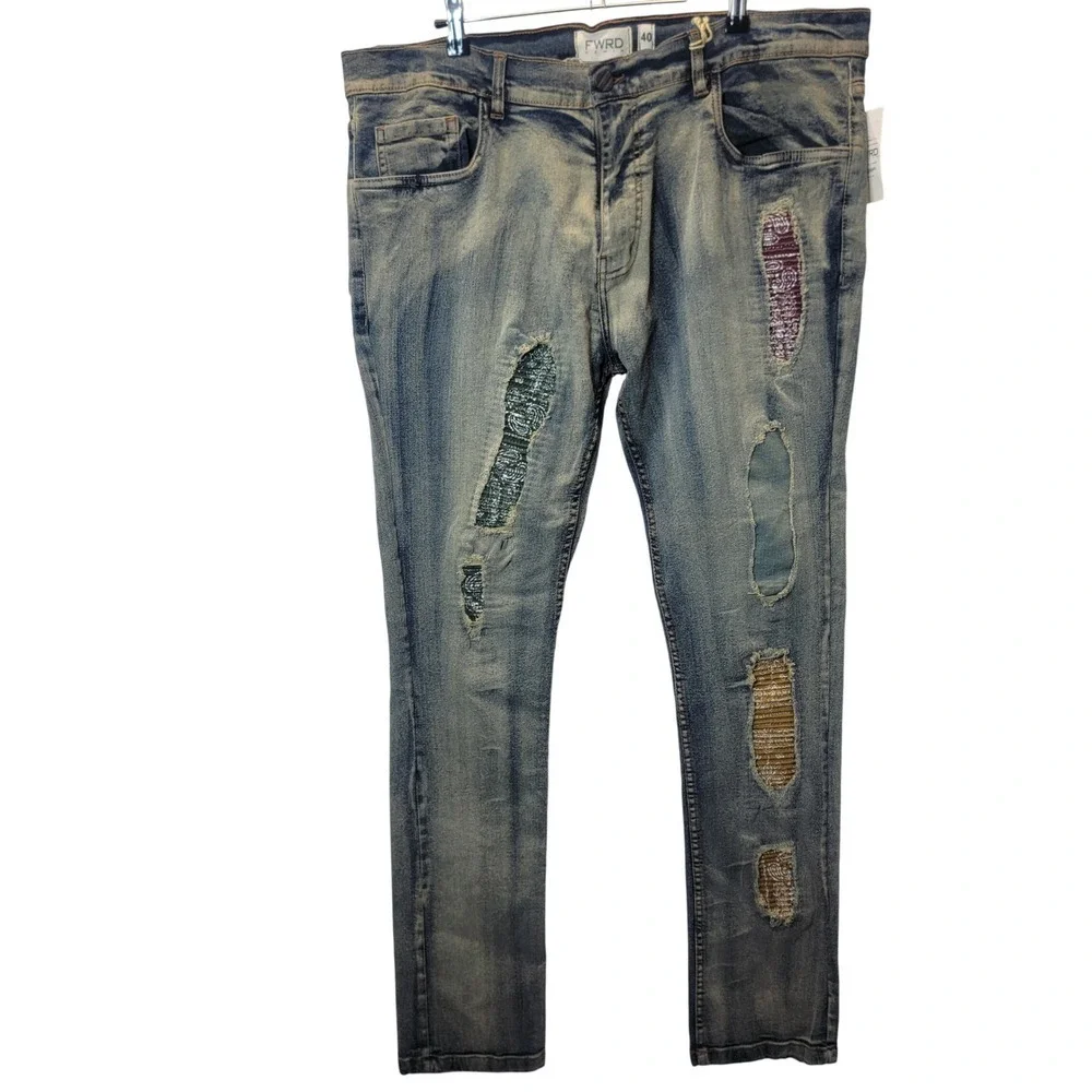 FWRD Mens Denim Jeans 40x34 Distressed Patchwork Streetwear Patches Destroyed